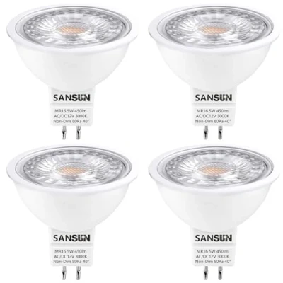Imagen de SANSUN Bombillas LED MR16 GU5.3 halógenas equivalentes a 50 W, luz blanca cálida 3000 K, 12 V, 5 LED, no regulable, paquete de 4