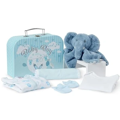 Imagen de Cesta de Recién Nacido Niño Bebé en Caja Recuerdos Estilo Maletín con Doudou Bebé, Body, Babero, Pijama, Manoplas y Esenciales para Mamás Primerizas