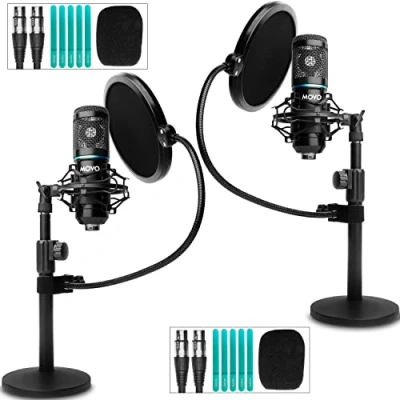 Imagen de Movo PodPak2T Paquete de 2 micrófonos condensador XLR universales para 2, incluye cardioides, soportes escritorio, choque, filtros pop y cables, kit podcast