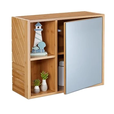 Imagen de Relaxdays estantes Mueble Baño con Espejo, 2 Compartimentos Abiertos, Puerta a Presión, 45x54,5x20 cm, Armario Colgante, Natural