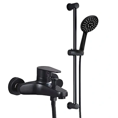 Imagen de Columna de ducha con Grifo, Acero Inoxidable SUS 304, Set Grifo para bañera barra universal y Cabezal plástico Manguera 1.5 metros, cepillado en Negro Mate SUS304