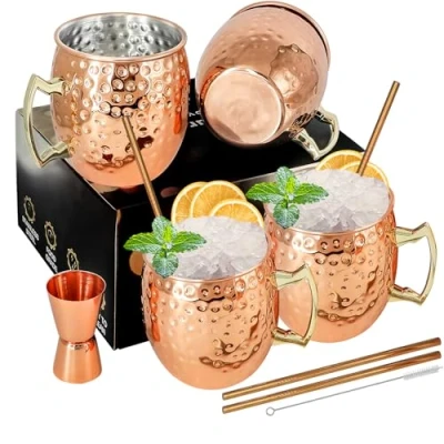 Imagen de Moscow Mule Juego de 4 tazas con doble vaso acero inoxidable chapado en negro 18oz, perfecto para bebidas frías