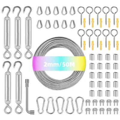 Imagen de MUUKAIII 50m Cable de Acero Inoxidable 2mm Kit Cables Recubierto, Nylon con Tensor y Alambre, cuerda para tendedero exterior, Suspensión, Soporte Planta