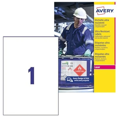 Imagen de Paquete 10 hojas etiquetas muy resistentes de polietileno flexible 210 x 297 mm avery l7917