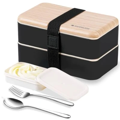 Imagen de Binoster Fiambrera bento Box original Lunch Lunchbox Caja de Almuerzo contenedor Bundle Divider Estilo japonés con acero inoxidable Utensilios cuchara y tenedor (Negro)