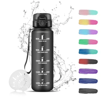 Imagen de Botella Agua, 500ml Agua Niños, Cantimplora Infantil con Filtro, Motivacional, de a Prueba Fugas, para la Escuela, Oficina, Viajar, Deportes, Negro