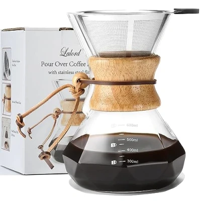 Imagen de Lalord Cafetera de Goteo con Filtro Acero Inoxidable Reutilizable, Jarra Café Vidrio Borosilicato, Collar Madera, Capacidad Para 3 tazas, 20 oz/600 ml