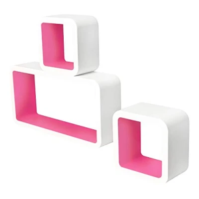 Imagen de Lestarain LGA024 Juego de 3 Estanteria Cubo Pared Cuadrada Libreria Repisas Invisibles Flotantes Blanco/Rosa Decorativo CD