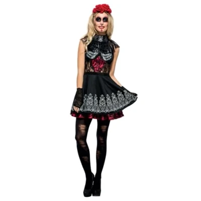 Imagen de Smiffys Disfraz del Día de Muertos Fever, con vestido, enagua incorporada y el headban color rosa