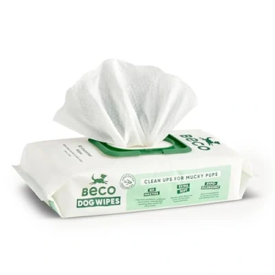 Imagen de Beco toallitas de bambú para Perros, compostables el hogar, sin plástico, 80 toallitas, Perfume, Patas, Cuerpo y Busto, Aseo a Base Plantas