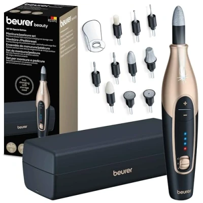 Imagen de Beurer MP 84 Edition Set de manicura/pedicura, torno uñas eléctrico con batería recargable, 10 accesorios, luz LED, estuche, hasta 4400 rpm, cortauñas para el cuidado manos y pies, negro