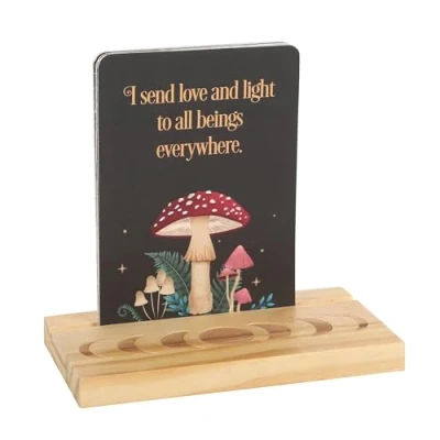 Imagen de tarjetas de afirmación mística bosque oscuro con soporte fase lunar madera, diarias positividad del