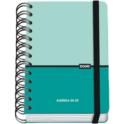Imagen de Dohe Agenda Escolar 2024 2025 Día por Página, Tamaño A6 (12x17 cm), Cierre Anillas y Goma, Español e Inglés, 4 Páginas de Pegatinas, Septiembre a Junio, Material DUO Turquesa