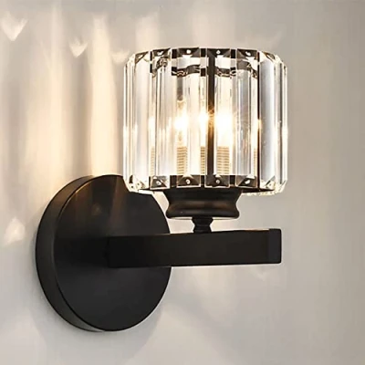 Imagen de Lámpara de pared cristal vintage E27, acabado negro mate, soporte cristal, iluminación, dormitorio, mesita noche, salón, pasillo, apliques (negro redondo)