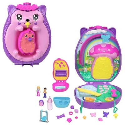 Imagen de Polly Pocket Juguete portátil 2 en 1 con muñequitos y 16 accesorios Conjunto de juego bolso erizo temática mascotas, JBJ91