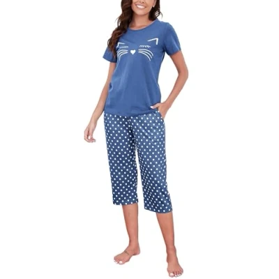 Imagen de Conjunto de Pijama Mujer Algodón Manga Corta y Pantalones 3/4 Dos Piezas Gato Estampado Cuello Redondo Top Recortados Comodo Conjuntos para Hogar Otoño Suave Pjs Loungewear Casual