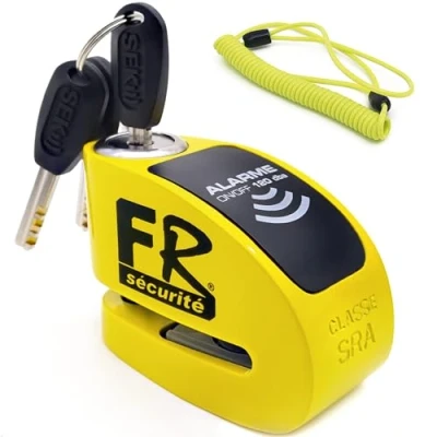 Imagen de FR Sécurité FR410Y Candado Moto Disco Homologado SRA, Más Disuasorio, Alarma ON/Off 120dB Opcional, Mas Cerradura Alta Seguridad, Bloqueo Pinza Antirrobo Freno para Motocicleta Scooter
