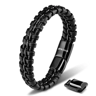 Imagen de SERASAR Regalo Cumpleaños Hombre Pulsera de Cuero 23cm Negro Pulseras Hombres Brazalete Brazaletes Pulso Muñequera Muñequeras Bisuteria Bisutería Joyeria Nudos Cuerda Cuerdas Ancha