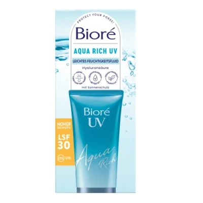 Imagen de Biore Aqua Rich UV Fluido hidratante ligero para la cara Protección solar SPF 30 UVA/UVB Funciona bajo maquillaje No grasoso