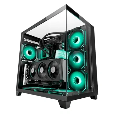Imagen de MARSGAMING MC 3C, Caja Gaming ATX, Vista Panorámica 3D con Triple Cristal Templado, Diseño Doble Cámara Lateral, Soporte Completo Refrigeración Líquida, Semitorre PC Gestión de Cableado, Negro