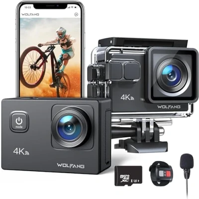 Imagen de WOLFANG Cámara Deportiva 4K 30FPS GA100 con 32GB MicroSD 20MP Subacuática Impermeable 40M, Videocámara WiFi Micrófono Dual, 170 Gran Angular, EIS, Varios Accesorios