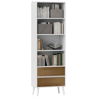 Imagen de HOMCOM Librería de 6 Niveles Estantería Libros Organizador con 2 Cajones y 4 Estantes Abiertos para Sala Estar Oficina Dormitorio Blanco