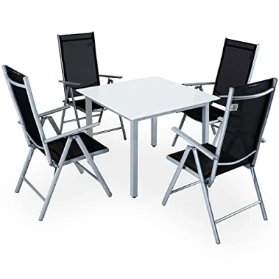 Imagen de CASARIA® Comedor de Jardín Bern 4+1 Aluminio 1 Mesa 90x90 y 4 Sillas Plegables 8 Posiciones Plata 5Pzs