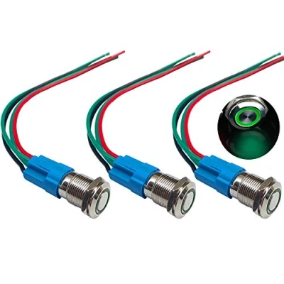 Imagen de QitinDasen 3Pcs Premium 12V / 24V 3A Interruptor de Botón Momentáneo, 12mm Metálico, LED Verde Pulsador Impermeable IP66 con Enchufe Cable