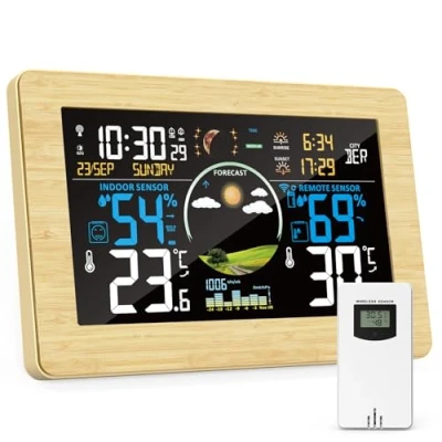 Imagen de VIFLYKOO Estación Meteorológica Inalámbrica con Sensor Exterior, Digital Multifuncional de Temperatura, Humedad, Presión Atmosférica, Pronóstico del Tiempo, Alarma