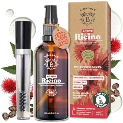 Imagen de Bionoble Aceite de Ricino Orgánico 100ml 100% Puro y Prensado en Frío Pestañas, Cejas, Cuerpo,Cabello, Barba, Uñas Vegan Castor Oil Botella Vidrio + Pipeta Bomba Kit Rímel