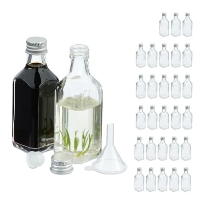 Imagen de Relaxdays Botellitas de Cristal, Mini Botellas para Rellenar, 50 ml, Tapa Rosca y Tapón, Transparente/Plateado, Pack 30