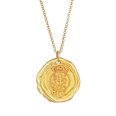 Imagen de Kuzzoi collar de Plata para hombre con colgante moneda redonda (25 mm), en ley 925 chapada oro, cadena dorada antigua, vintage hecho a mano,