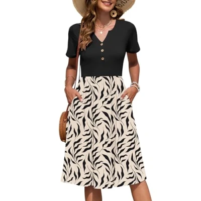 Imagen de AUSELILY Vestido Verano Manga Corta Mujer Largo hasta La Rodilla Estilo Imperio Informal con Cuello en V Plisado y Bolsillos