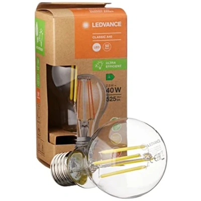 Imagen de LEDVANCE Lámpara LED de ahorro energía, bombilla filamento vidrio, E27, blanco cálido (3000K), 2,5 vatios, sustituye a la 40W, muy eficiente y bajo consumo, paquete 6