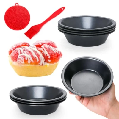 Imagen de Quyimy Paquete de 8 mini moldes para tartas, 5 pulgadas, reutilizables, redondos, pequeños, acero al carbono, antiadherentes, hornear postres, tartas frutas y pastel
