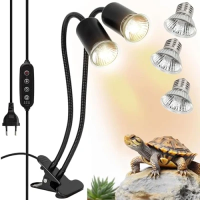 Imagen de SIYOMG luz de Calor para Tortugas, reptil UVA+UVB doble cabezal 50W E27, lámpara calefacción sol acuario Tortuga dragón barbuda Serpiente lagarto