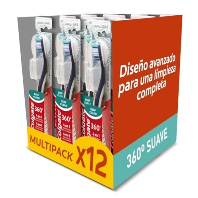 Imagen de Colgate 360 Limpieza Profunda Cepillo de Dientes Suave, 12 Uds, Elimina Bacterias Dientes, Lengua, Mejillas y Encías, Filamentos Interdentales Limpian entre los Antibacterianos*