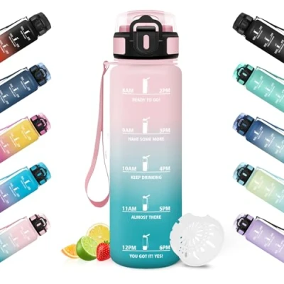 Imagen de HoneyHolly Botella Agua, 500ML, a Prueba de Fugas Botellas Reutilizable Agua Gimnasio, con Marcador Tiempo, para Correr, Andar en Bicicleta, Trabajar, Ir La Escuela