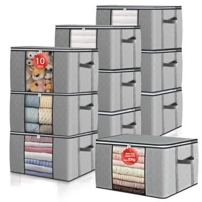 Imagen de GoMaihe Cajas Almacenaje Ropa 10 PCS Bolsas Para Guardar 90L Plegables Ventana Transparente con Cremallera, Organizador Armario Edredón de Almohadas Manta, Gris