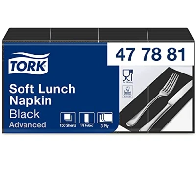 Imagen de Tork 477881 Soft Lunch/Servilletas para almuerzo de tres capas/plegado americano 1/8 / color negro 10 paquetes x 150 unidades (1500 servilletas) 33 32,6 cm/Advanced