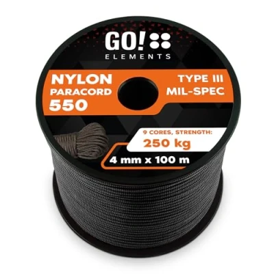 Imagen de GO!elements 100m Paracord de Nylon a Prueba desgarros 4mm 550 Typo III Cuerda Adecuado como Yute &amp; Gruesa MAX. 250kg, Color: Negro