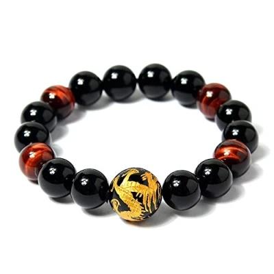 Imagen de COAI Pulsera para Hombre de Obsidiana y Ojo Tigre Rojo con Dragón