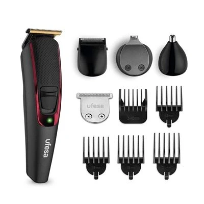 Imagen de Ufesa GK6950 Máquina Cortapelos y Recortadora de Barba Multi Groomer, 9 Accesorios, Nariz Orejas, Peine Ajustable + 4 Peines Fijos, 13 Longitudes Corte, Inalámbrico, 120min Autonomía