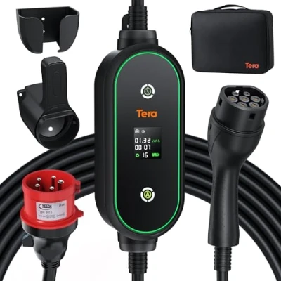 Imagen de Tera Mobile Wallbox tipo 2 portátil: 11 kW 3 fases 6 16 A 7,5 m cable de carga CEE 5 pines EV cargador 0,5 5h retardada potencia ajustable soporte para coche eléctrico P03