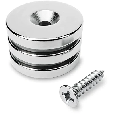 Imagen de Sensei 3 piezas Imán de neodimio redondo 25x4 mm, con agujero para tornillo, 9 kg fuerza atracción + tornillos incluidos