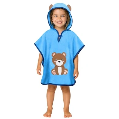 Imagen de LAYNENBURG Premium poncho de baño niños con capucha 100% algodón OEKO TEX bebé niñas toalla 1 3 años/Oso