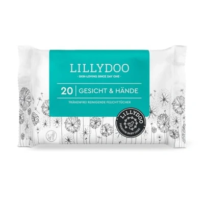 Imagen de Toallitas limpiadoras cara y manos LILLYDOO, 20 unidades, 100% tejido libre de plástico, sin perfumes