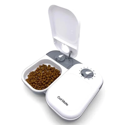 Imagen de Cat Mate C200 Comedero automático para mascotas de 2 comidas con temporizador y bolsa hielo gatos perros pequeños, uso alimentos húmedos secos, color blanco