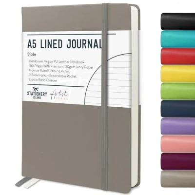 Imagen de Stationery Island Cuaderno Rayado A5, Tapa Dura con Forro de Libreta Papel Grueso Premium 120 g/m², 180 Páginas Rayas Para Escribir, Estudiar, Planificar, Gris