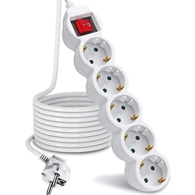 Imagen de EXTRASTAR Regleta Alargador de 3 Metros con 5 Enchufes e Interruptor, para el hogar, Oficina y Viajes, Blanco 1Pc